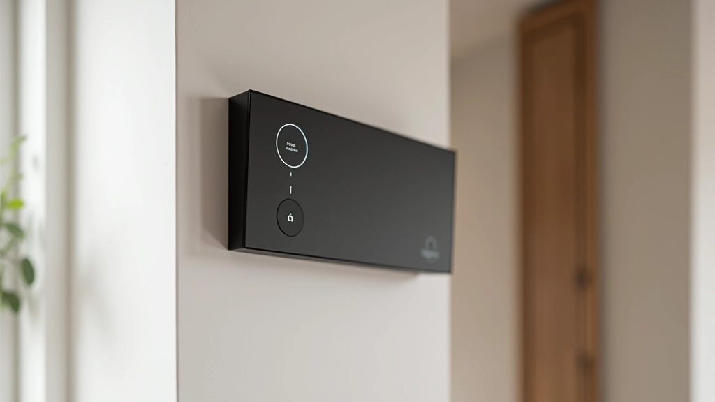 Painel de controlo central de domotica embutido numa parede, com interface intuitiva e design industrial minimalista em cores neutras