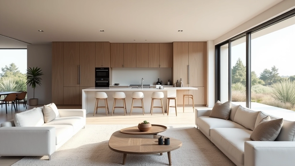 Espaço aberto contemporâneo com cozinha integrada e sala de estar conectadas, tons neutros e móveis geométricos