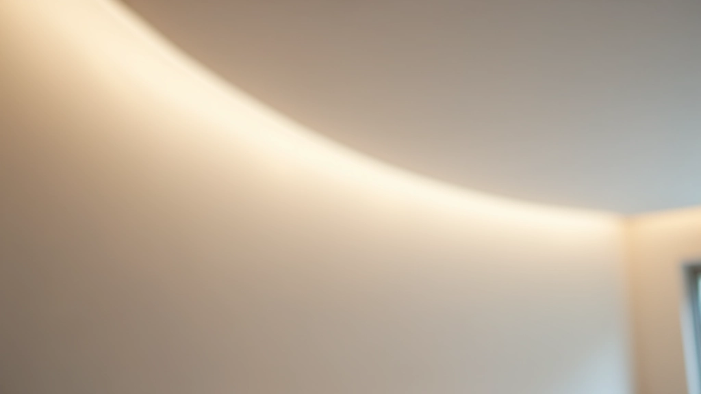 Detalhe de iluminação LED embutida numa sanca de gesso branco, criando luz ambiente suave numa sala contemporânea