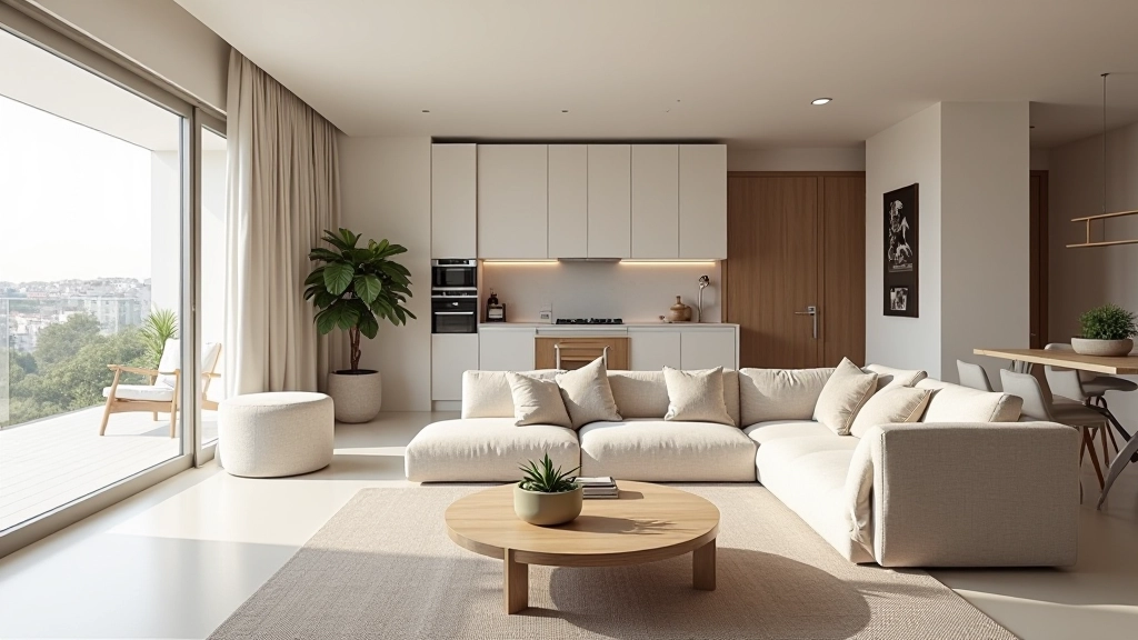 Perspectiva geral de apartamento aberto com múltiplas zonas funcionais bem definidas e organização clara