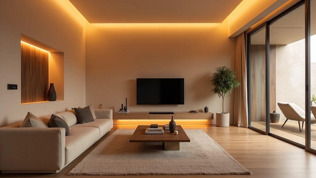 Sala de estar minimalista com iluminação LED integrada nas paredes, painel de controlo oculto e móveis contemporâneos em tons naturais