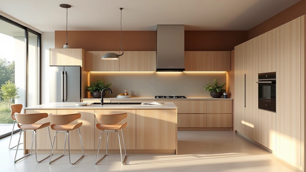 Cozinha integrada com tecnologia moderna embutida e acabamentos em madeira portuguesa