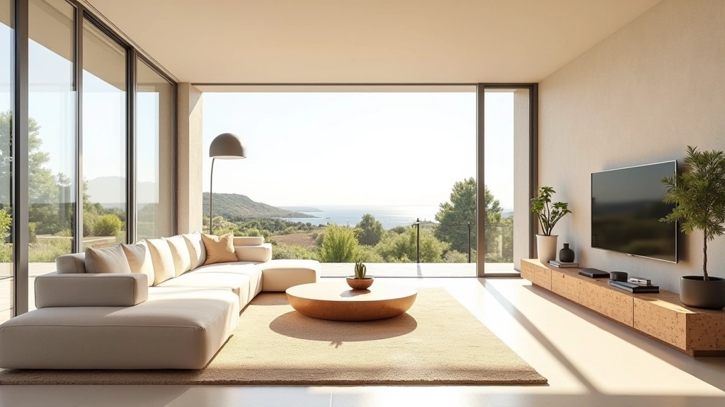 Sala de estar contemporânea com design minimalista e luz natural, integrando artesanato português moderno