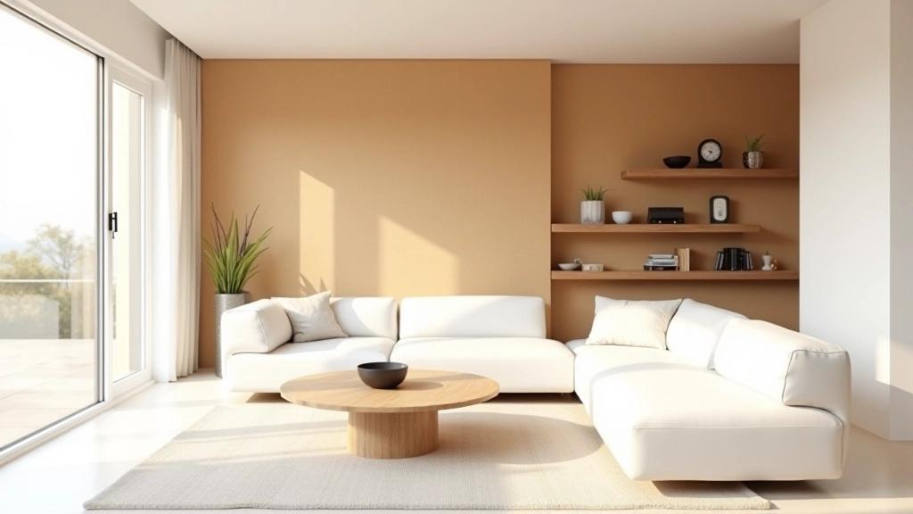 Parede de sala contemporânea com painéis de cortiça e prateleiras em madeira de oliveira, mobiliário minimalista branco