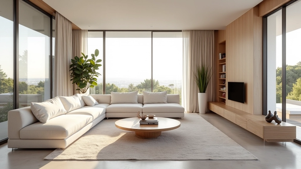 Sala de estar moderna com móveis minimalistas e luz natural abundante através de grandes janelas