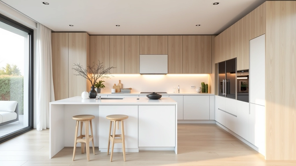 Cozinha aberta com balcão de separação entre cozinha e sala de estar, design limpo
